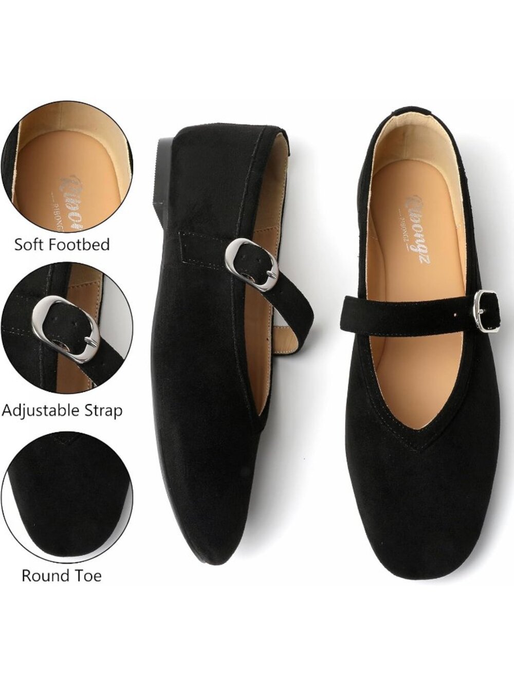 Women's Black Suede Flat Foldable Ballet Mary Jane Comfort Round Toe Dress Shoes - Picture 4 of 6